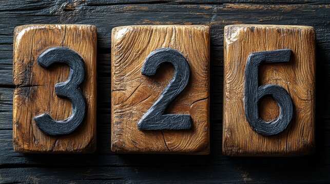 Rustic wooden blocks spelling out the number 326 on a dark wooden background.