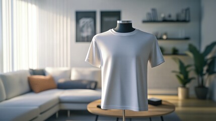 White T-shirt mockup, living room, sunlight, modern interior, apparel design