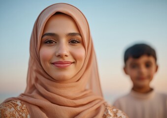 Contemporary Ramadan Festivity Smiling Family Iftar with Sunset Backdrop - Warm Textures and Traditional Attire for Cultural Connection and Seasonal Branding in Community Events