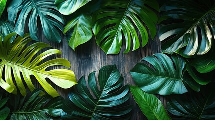 lush green tropical leaves arranged on a dark wooden surface create a vibrant natural backdrop for decoration or design