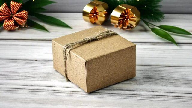 Brown kraft paper gift box tied with twine on rustic wooden surface