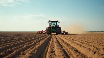 Fototapeta premium Tractor preparing soil for planting in a vast agricultural field under clear skies