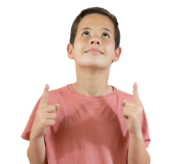 Portrait of cheerful boy with good idea - isolated over transparent background. 10 year old kid pointing finger up. Child points by finger upward. Cheerful boy shows something. PNG transparent.