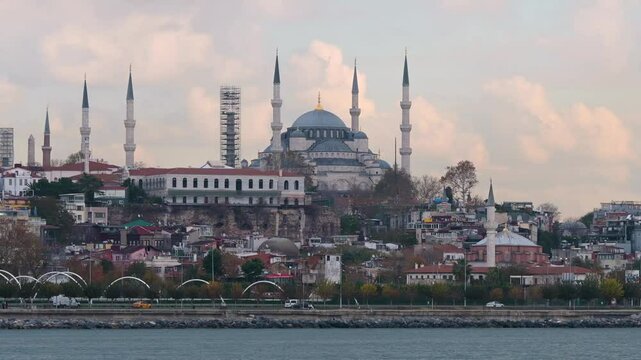 View of Fatih district from the lighthouse, Istanbul, Turkey. Sunny day. Hagia Sophia Mosque and Blue Mosque