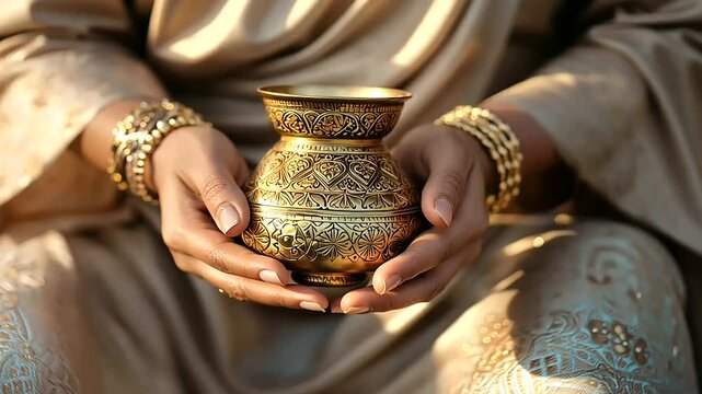 Arabian Bracelets and Rings with Traditional Brass Coffee Pot