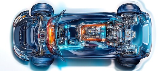 Obraz premium Detailed cutaway view of an advanced electric vehicle chassis, showcasing the intricate wiring and components
