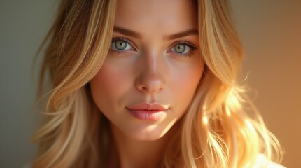 Fototapeta premium Portrait of a young woman with stunning blue eyes and blonde hair illuminated by soft light