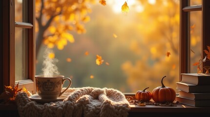 Fototapeta premium Cozy autumn afternoon with a warm drink and pumpkins by the window