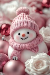 Obraz premium Whimsical Pink Snowman with Roses and Pastel Christmas Ornaments, ファンタジックなピンクの雪だるまとバラ、パステルのクリスマスオーナメント.Generative AI