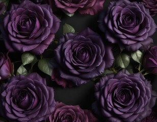 Romantic seamless pattern of deep purple roses on a black backdrop, romantic, deep purple