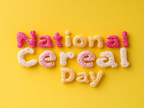 Vibrant Typography Colorful Cereal Text on Bold Yellow for National Cereal Day - Spring Breakfast Celebrations and Digital Marketing Design for Food Industry Engagement