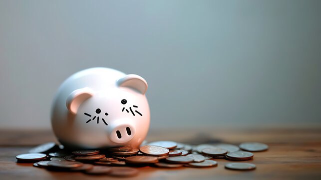 A dead piggy bank lying upside down on scattered coins, symbolizing the economic crisis, job layoffs, pay cuts, and financial struggles in difficult times, reflecting a decrease in savings 