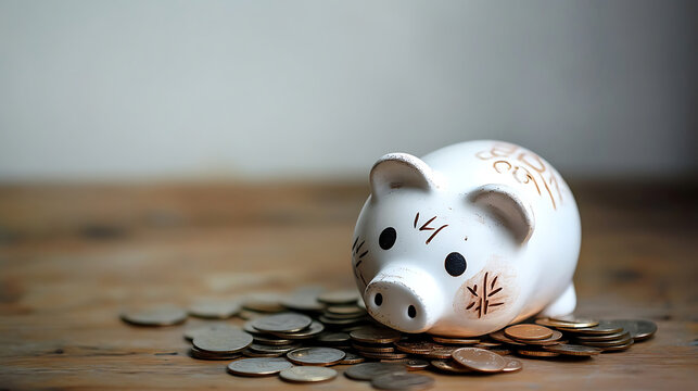 A dead piggy bank lying upside down on scattered coins, symbolizing the economic crisis, job layoffs, pay cuts, and financial struggles in difficult times, reflecting a decrease in savings 
