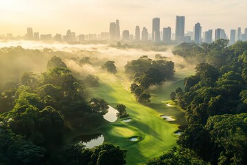 Golf course with city skyline at sunrise  
