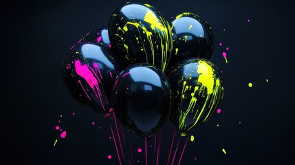 Black balloons with neon paint splashes, edgy and artistic party decor concept 