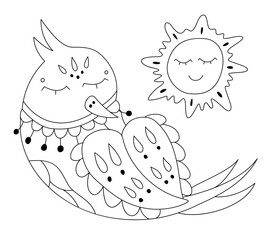  Coloring Book Page with Cute Bird And Sun