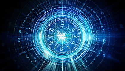 Stunning abstract clock design, futuristic and vibrant blue tones. Perfect for technology, time, data, and future concepts.  Ideal for websites, presentations, and digital art.