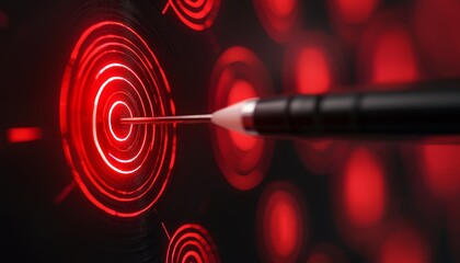 A close-up of a pointer targeting concentric red circles on a dark background, emphasizing precision and focus.