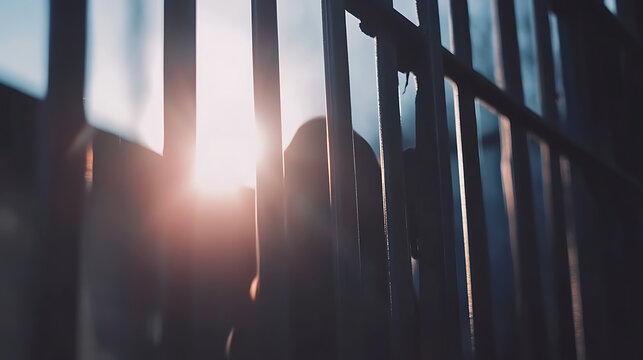 Silhouette of a person standing behind vertical metal bars, symbolizing confinement and restriction, with a blurred background to emphasize the subject, representing themes of isolation and limitation