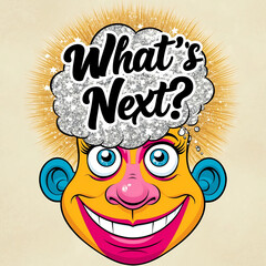 A vibrant, colorful comic-style face with exaggerated features, large, expressive eyes, a prominent nose, and a cheeky smile, set against a soft, creamy white background, with a thought bubble emergin