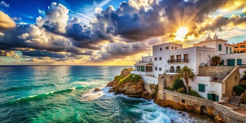 Obraz premium Azure Seascape: Stunning Coastal Architecture Under a Cloudy Sky