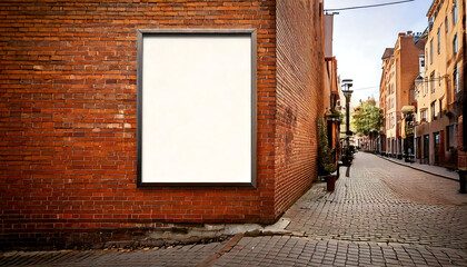 Blank billboard mockup on a brick wall in a charming cobblestone alleyway.  Perfect for advertising, urban lifestyle, or real estate projects.