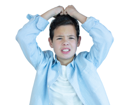 Young boy scratching his head isolated over transparent background. PNG transparent.