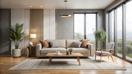 Fototapeta premium Empty modern living room with minimalist decor and neutral color palette featuring a sleek sofa and coffee table surrounded by large windows , neutral, minimalist