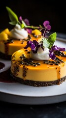 refined fine dining presentation of a passion fruit cheesecake, styled for elegance and sophistication