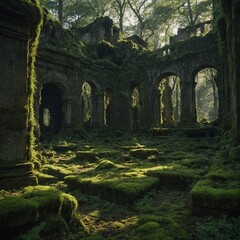 Fototapeta premium An abandoned city covered in moss and surrounded by a dense forest, the ruins glowing faintly in the morning light.