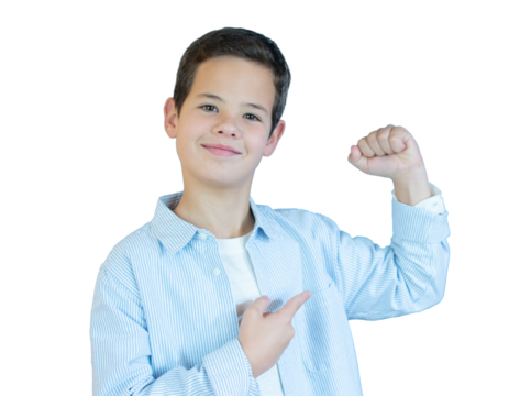 Strong boy showing muscles, isolated on transparent background. PNG transparent.