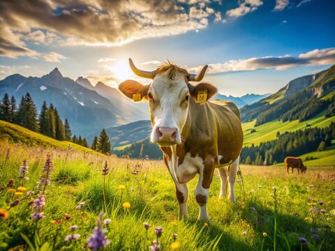 Beefmaster Cow Grazing in Lush Alpine Meadow - Summer Pasture Landscape