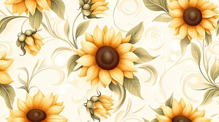Vibrant sunflower wallpaper with swirling stems on a soft yellow backdrop