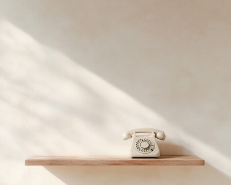 Spring Phone Revival Vintage Rotary Dial on Minimalist Beige Shelf for National Landline Telephone Day - Retro Charm, Heritage Display, Soft Textures, Interior Styling Inspiration