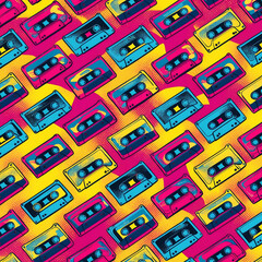 A vibrant, professional graphic design in a pop art style, featuring a seamless repeating pattern of vintage cassette tapes in bold, retro colors such as hot pink, electric blue, and sunshine yellow, 