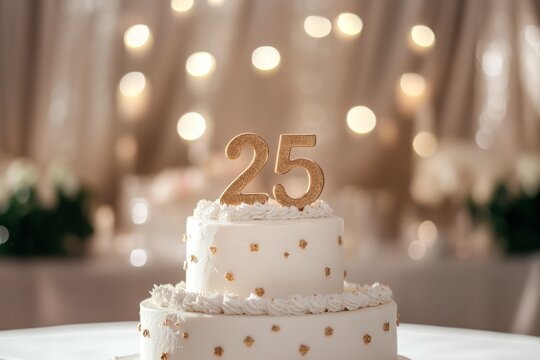 25th birthday cake adorned a gold accents. Birthday party. Blurred light festive background. Golden balloons. Twenty five years, Twenty-fifth anniversary. Celebration cake, golden candles. Numbers 25