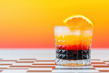 A refreshing cocktail served in a glass on a checkered table. Bar and Pub Culture: Savor the vibe, the drinks, the moment