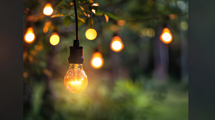 Close-up of string lights hanging in an outdoor setting, with focus on one bulb illuminating the surrounding area.