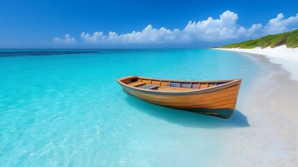 Naklejka premium Wooden boat rests on tranquil turquoise ocean beach