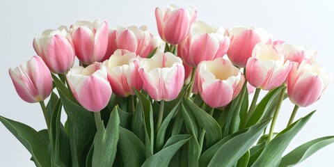 Obraz premium Pink and white tulips with lush green leaves on a white background, showcasing elegance and simplicity. Ideal for floral-themed designs, nature promotions, or greeting cards.