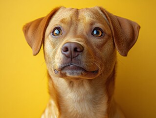 A close-up of a brown dog with expressive eyes against a bright yellow background.