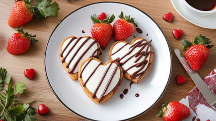 Heart-Shaped Cookies with Chocolate and Strawberries on a Plate. Concept of Love, Romance, Sweet Desserts, and Valentine's Day Celebrations
