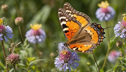 Obraz premium Butterfly gracefully fluttering through vibrant wildflowers, capturing the essence of beauty and delicate transformation, embodying nature's gentle wonders in a peaceful, blooming environment