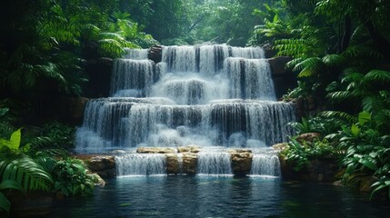 Fototapeta premium Serene Waterfall in Lush Tropical Paradise