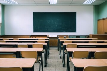 Modern classrooms interior with desks and green blackboard. Empty Classroom setup with school furniture and a chalkboard. No people. Nobody. Blurry view of class room with chairs and tables in campus