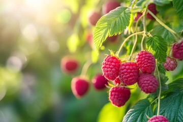 Fresh juicy raspberries hanging on a green bush. Cluster of big ripe red raspberry berries on a blurred lush leaves. Abundance. Warm sunlight. Close-up of Ripening Organic Raspberries growing on Vine