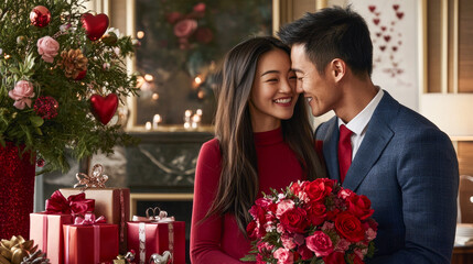 Romantic Asian couple exchanging gifts and flowers by candlelight. Concept of Valentine's Day, love celebration, and intimate bonding