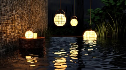 Serene Nighttime Water Scene with Illuminated Lanterns and Warm Reflections