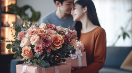 Romantic Asian couple exchanging gifts with a bouquet of roses. Concept of Valentine's Day, intimate moments, love celebration