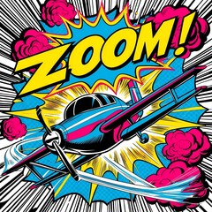 Obraz premium A dynamic, professional graphic design in a vibrant pop art style, featuring a stylized, comic-book inspired airplane with bold lines, bright colors, and exaggerated features, soaring through a starbu